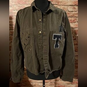 Zara Khaki Bomber Jacket with Eyelet and Patch